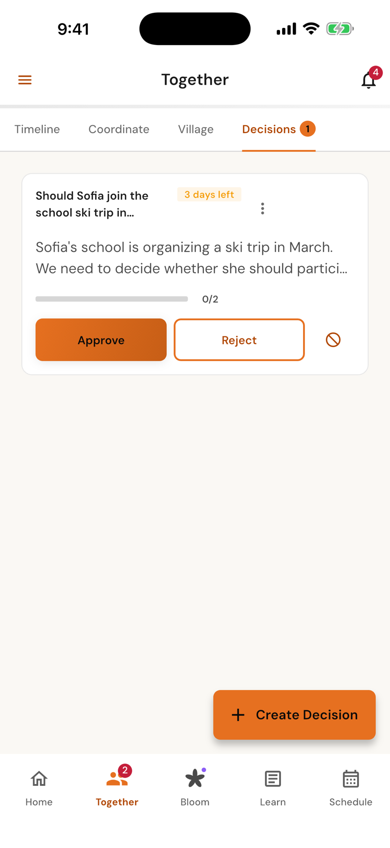 The Decisions tab in Together: a proposal about Sofia joining the school ski trip with three days left, Approve and Reject buttons and no votes yet