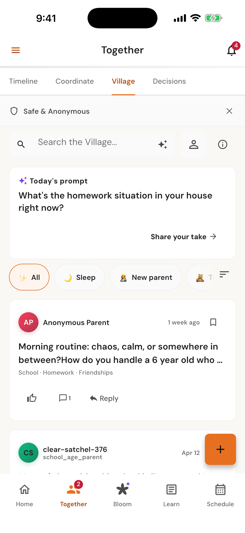 The Village tab in Together: safe and anonymous, today’s prompt about homework, topic filters and a post from an anonymous parent about morning routines