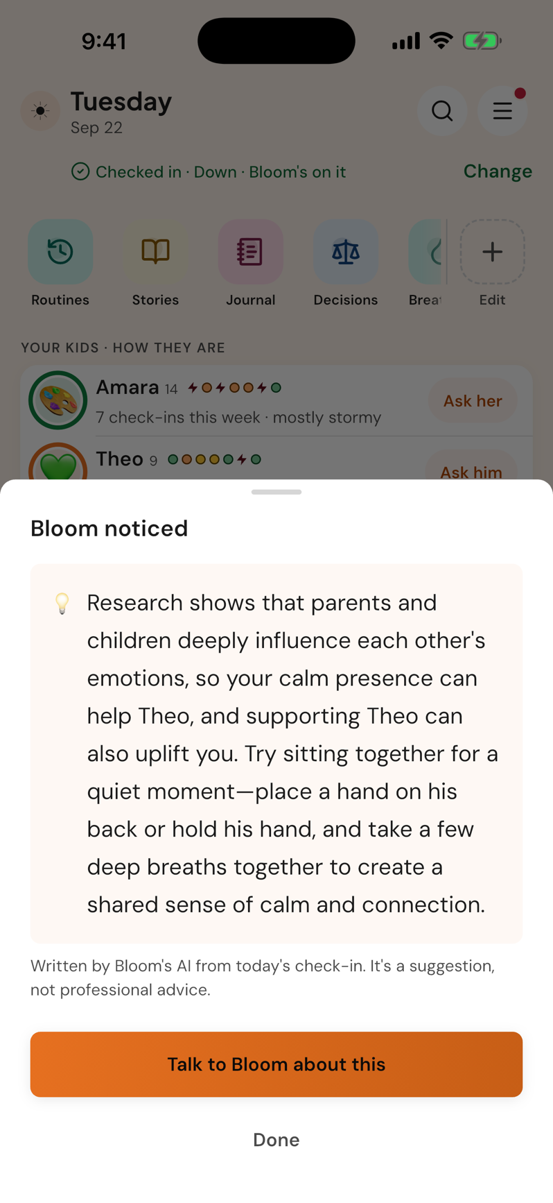Bloom noticed that parent and child were both low, with a research-backed idea for something calm to do together and a Talk to Bloom button